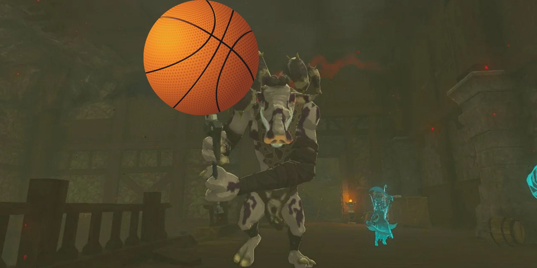 A screenshot of a Moblin in Legend of Zelda: Tears of the Kingdom with a basketball on its sword.