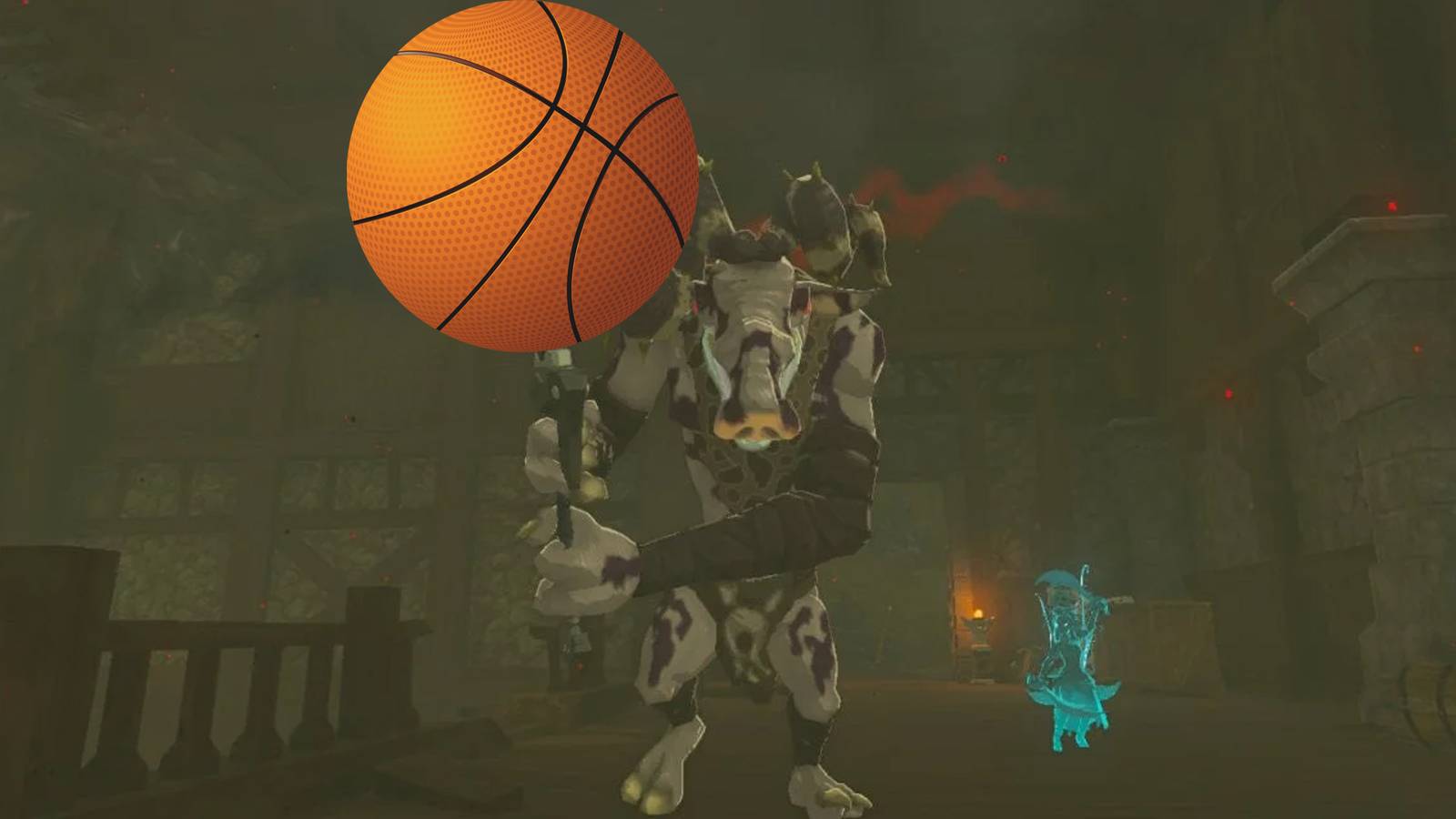 A screenshot of a Moblin in Legend of Zelda: Tears of the Kingdom with a basketball on its sword.