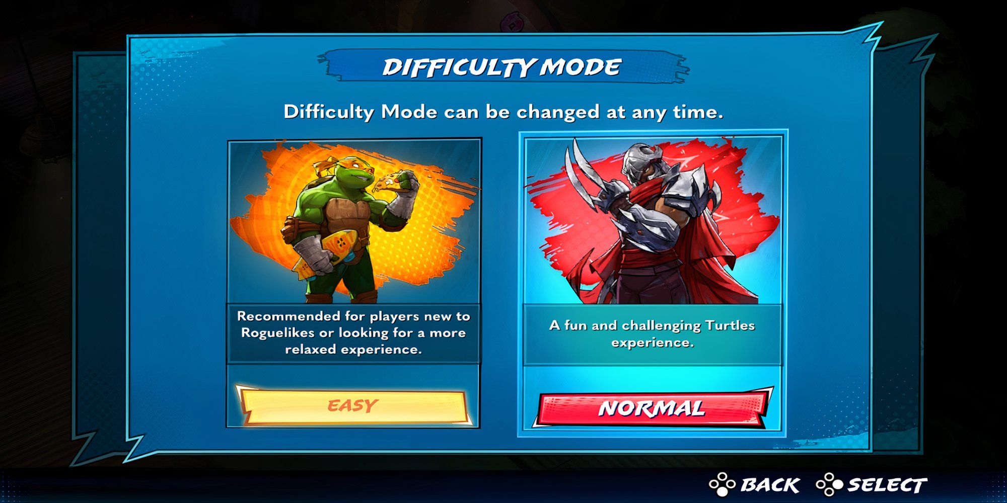 The difficulty menu in Teenage Mutant Ninja Turtles Splintered Fate