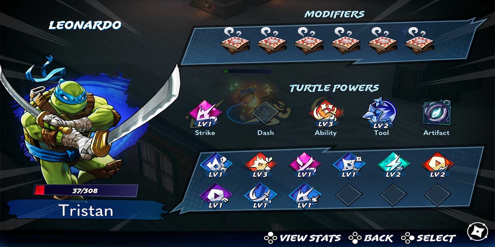 The gear menu in Teenage Mutant Ninja Turtles Splintered Fate