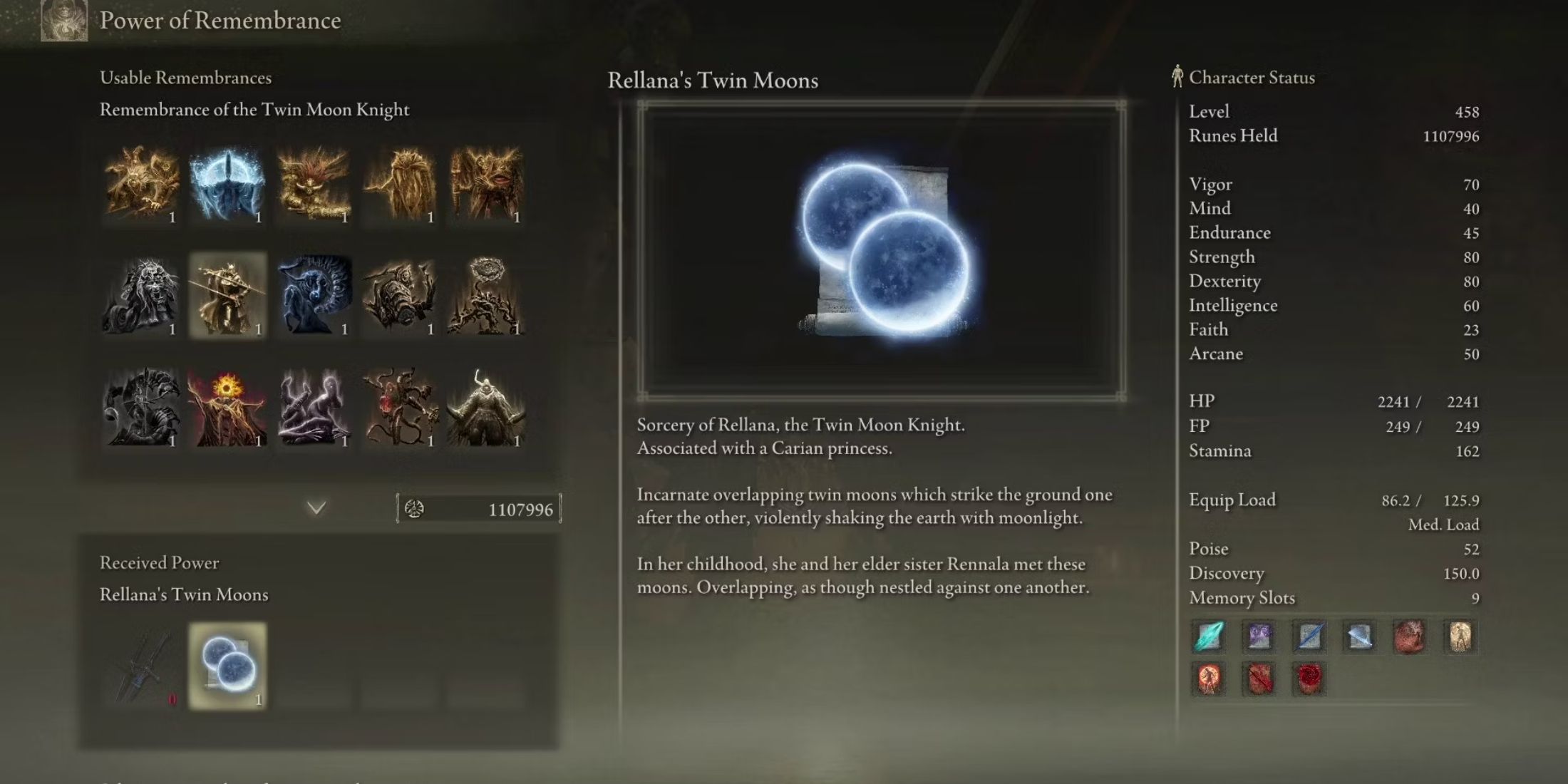 The inventory entry for Rellana's Twin Moons in Elden Ring: Shadow Of The Erdtree