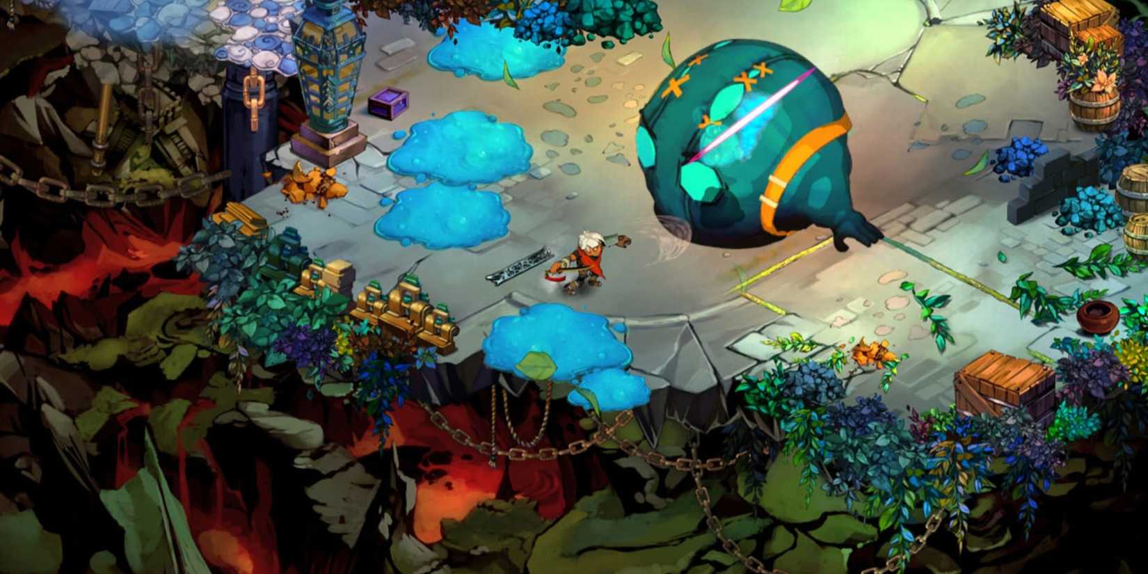 The Kid, a warrior, faces a large creature in Bastion