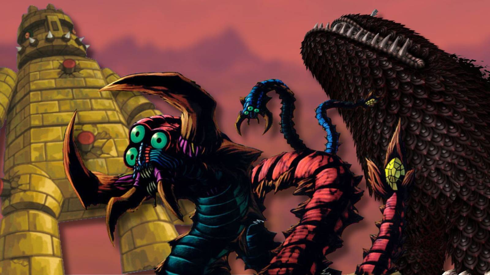 A collage of some of the largest bosses in The Legend of Zelda series: Eox, Twinmold and The Imprisoned.