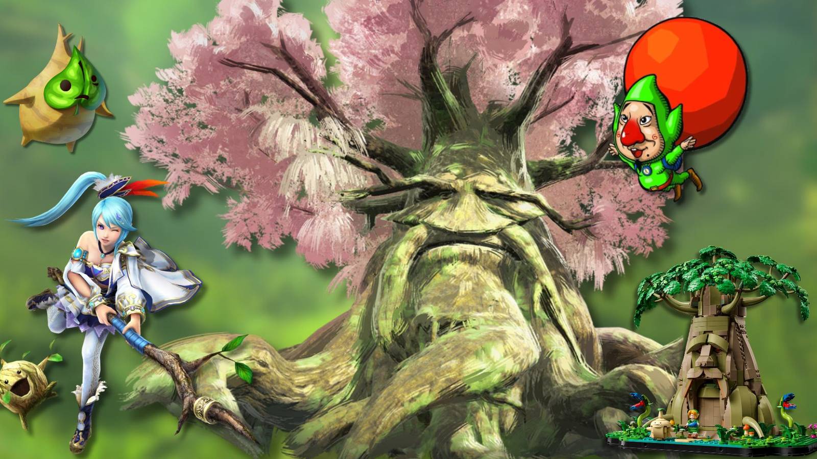 A collage of The Great Deku Tree alongside a few characters who are related to him: Koroks, Lana with her Deku Spear, Tingle and The Great Deku Tree LEGO set.