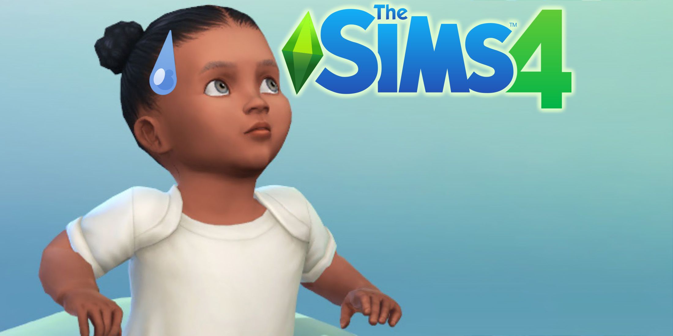 The Sims 4 baby with anime-style sweat bead in feeding char next to game logo on blue background