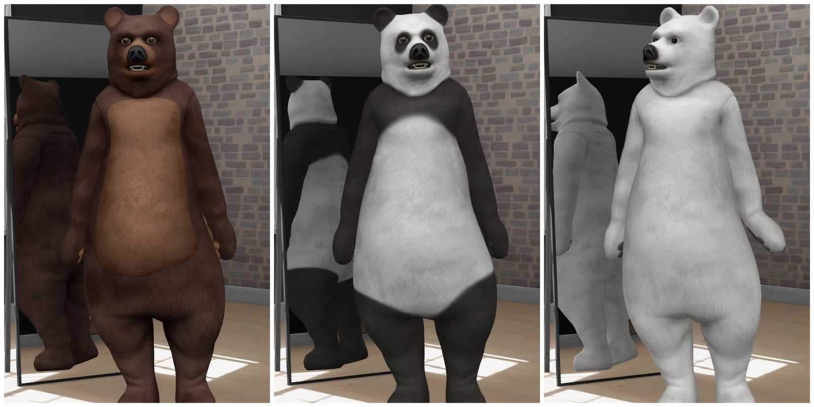 A Sim wearing the Bear Costume, which can be worn to seduce others as a flirty outfit