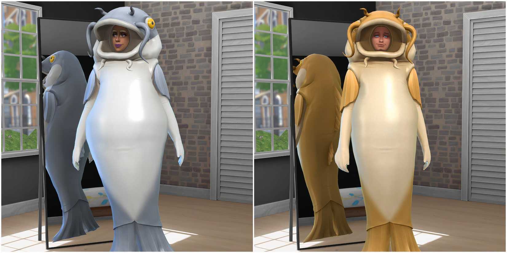 A masculine and feminine Sim in the Catfish Costume from the Lovestruck expansion