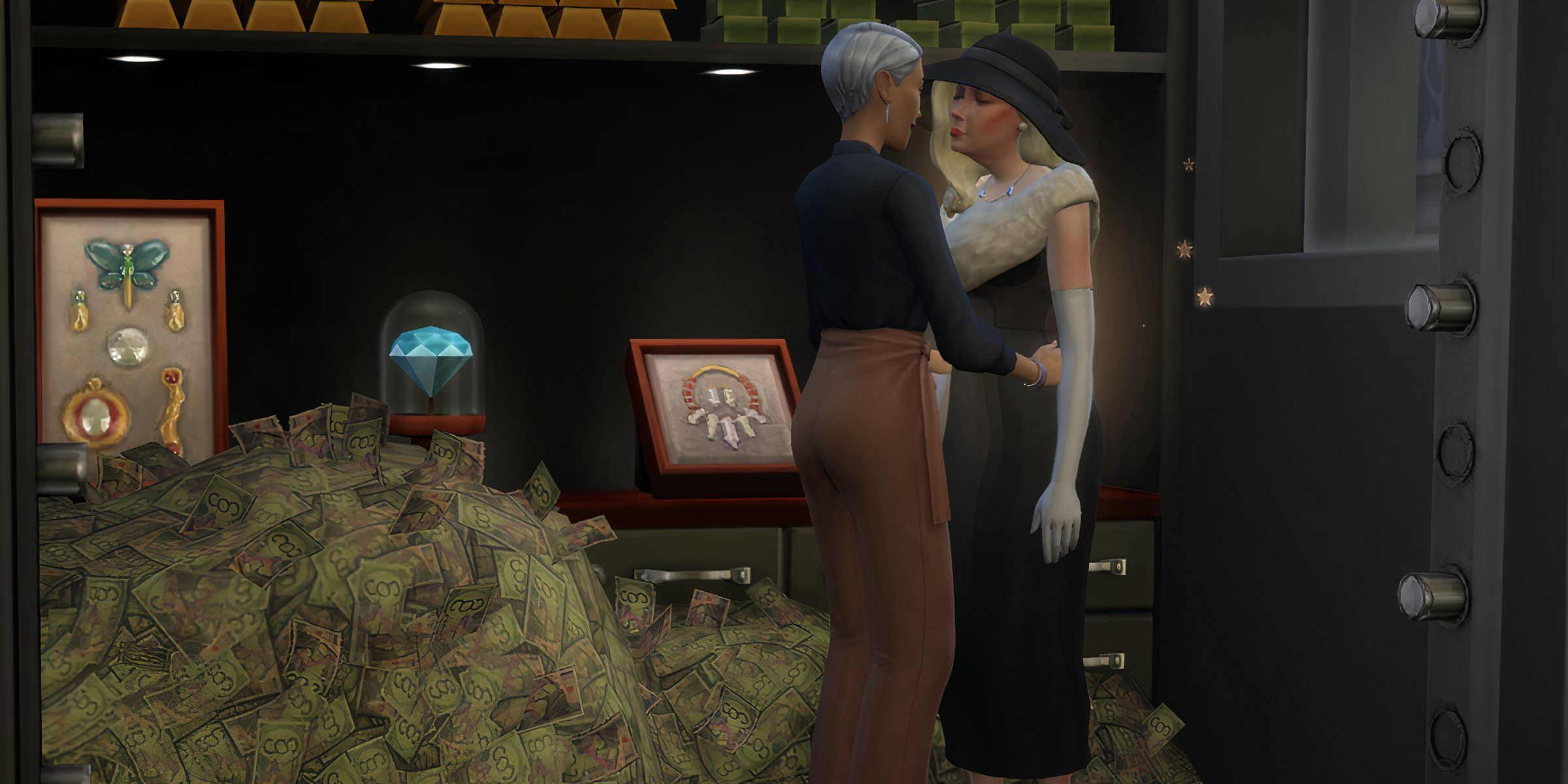 Two celebrities in a Celebrity Romance storyline kissing in a money safe