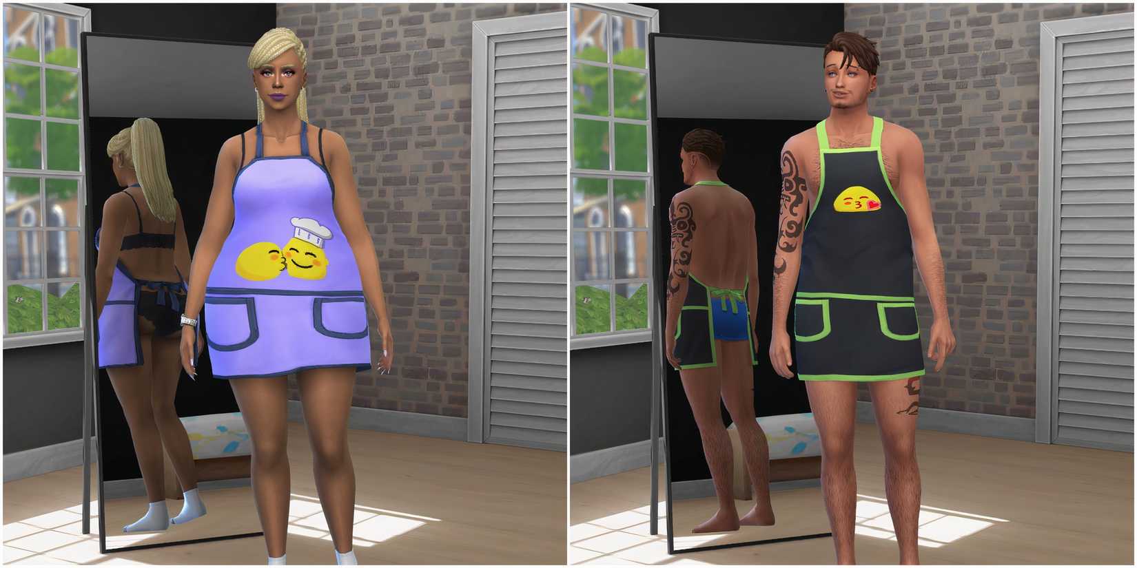 A masculine and feminine Sim in the Chef Costume from the Lovestruck expansion
