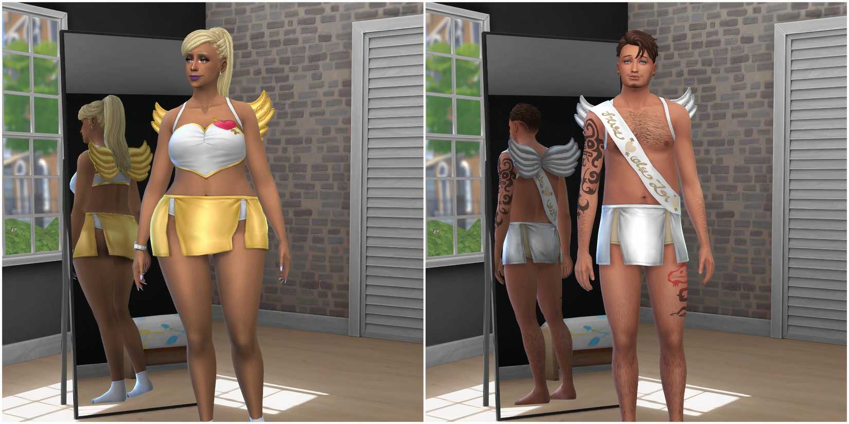 A masculine and feminine Sim in the Cupid Costume from the Lovestruck expansion