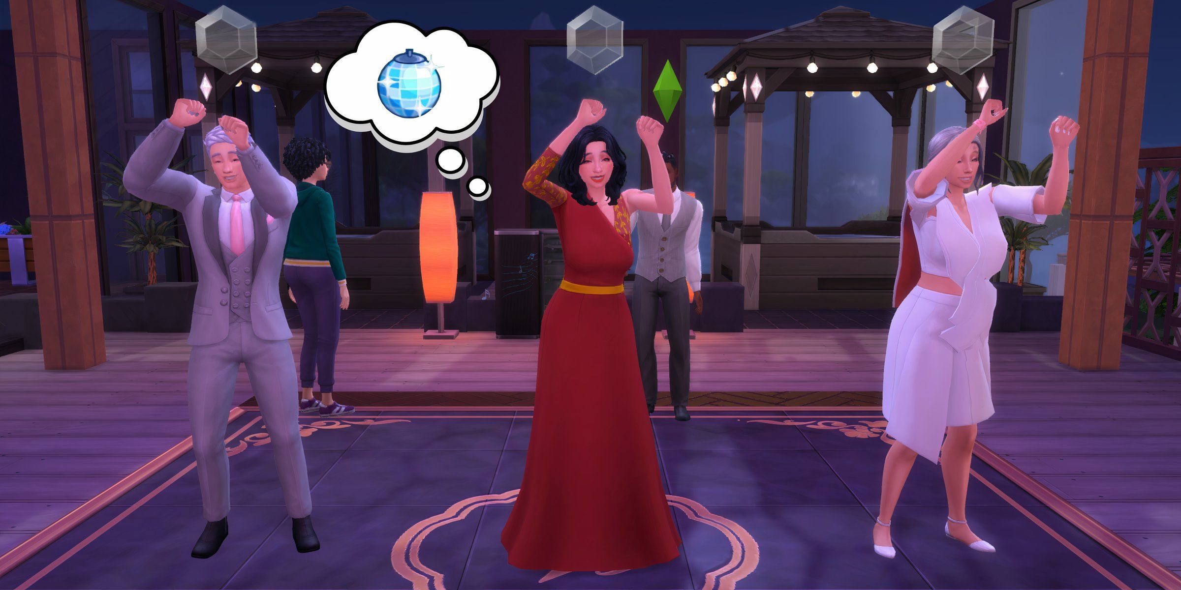 A group of Sims dancing at a party, working to complete the custom Dancer aspiration