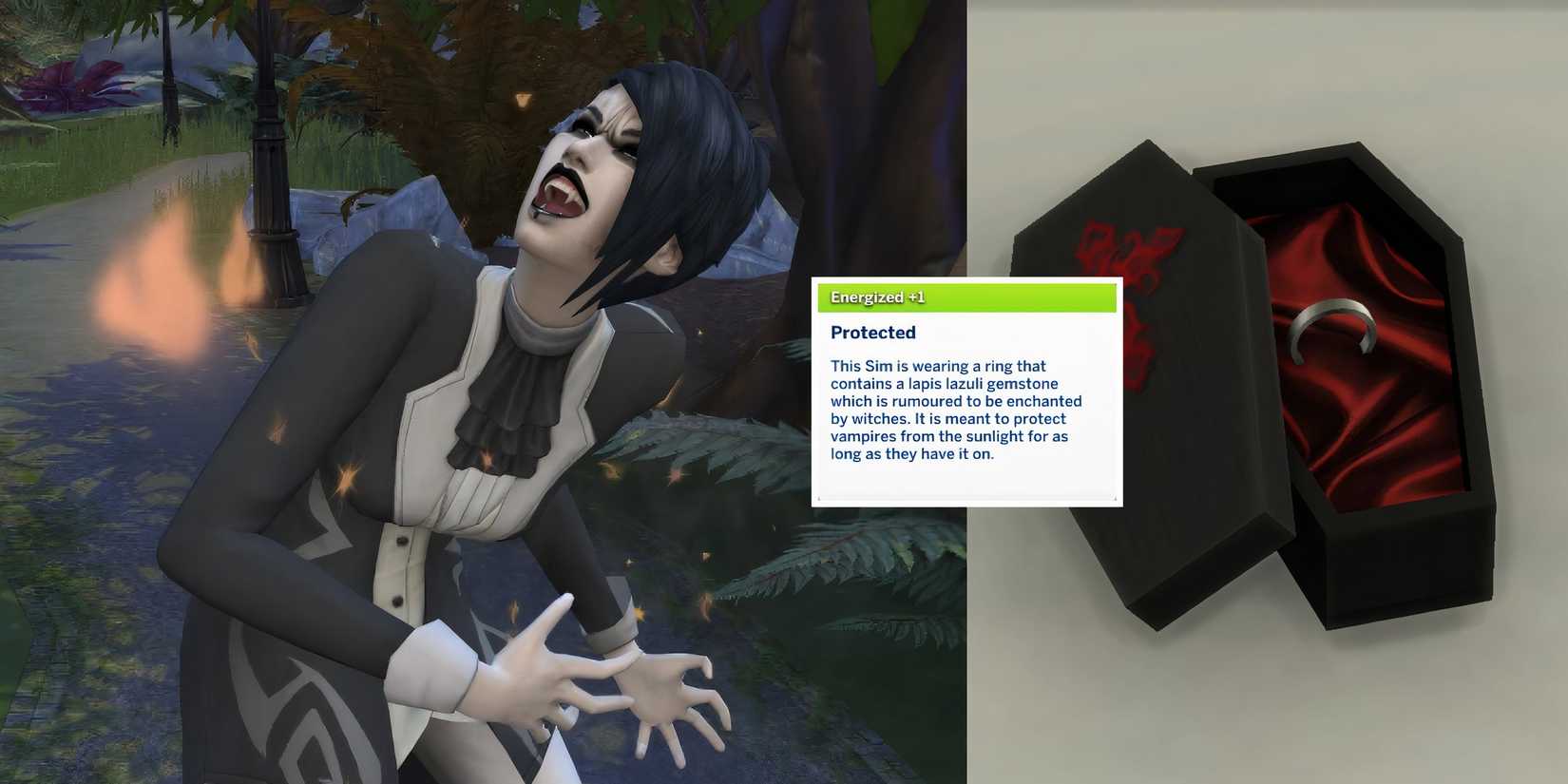 A vampire Sim can avoid burning to death if they are portected by the Daylight Ring Mod