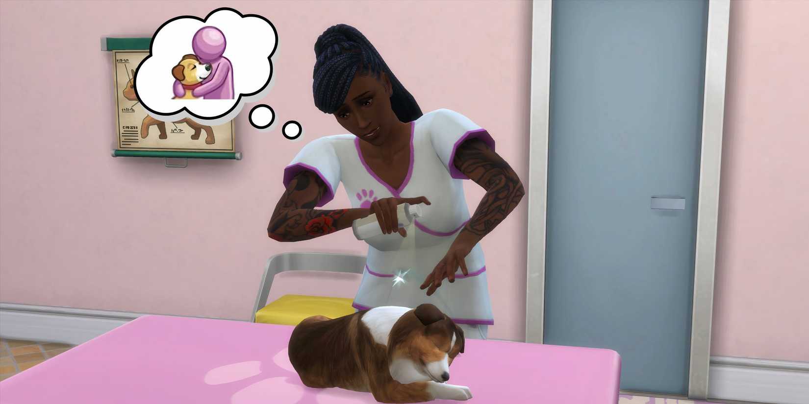 A Sim caring for a dog as part of the Doctor Dolittle aspiration