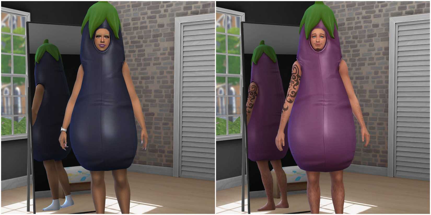 A masculine and feminine Sim in the Eggplant Costume from the Lovestruck expansion
