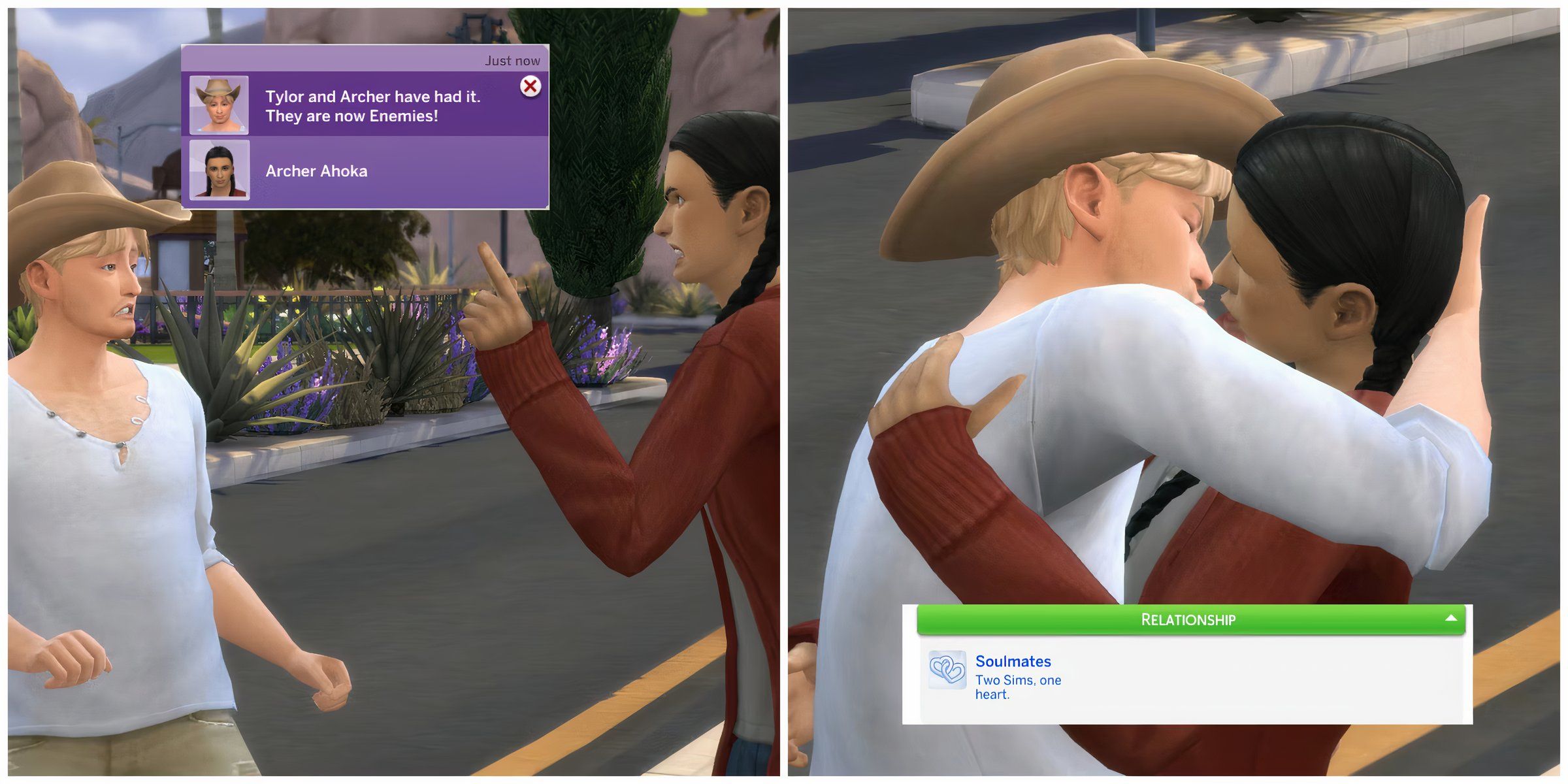 Two Sims transforming their relationship from Enemies To Lovers