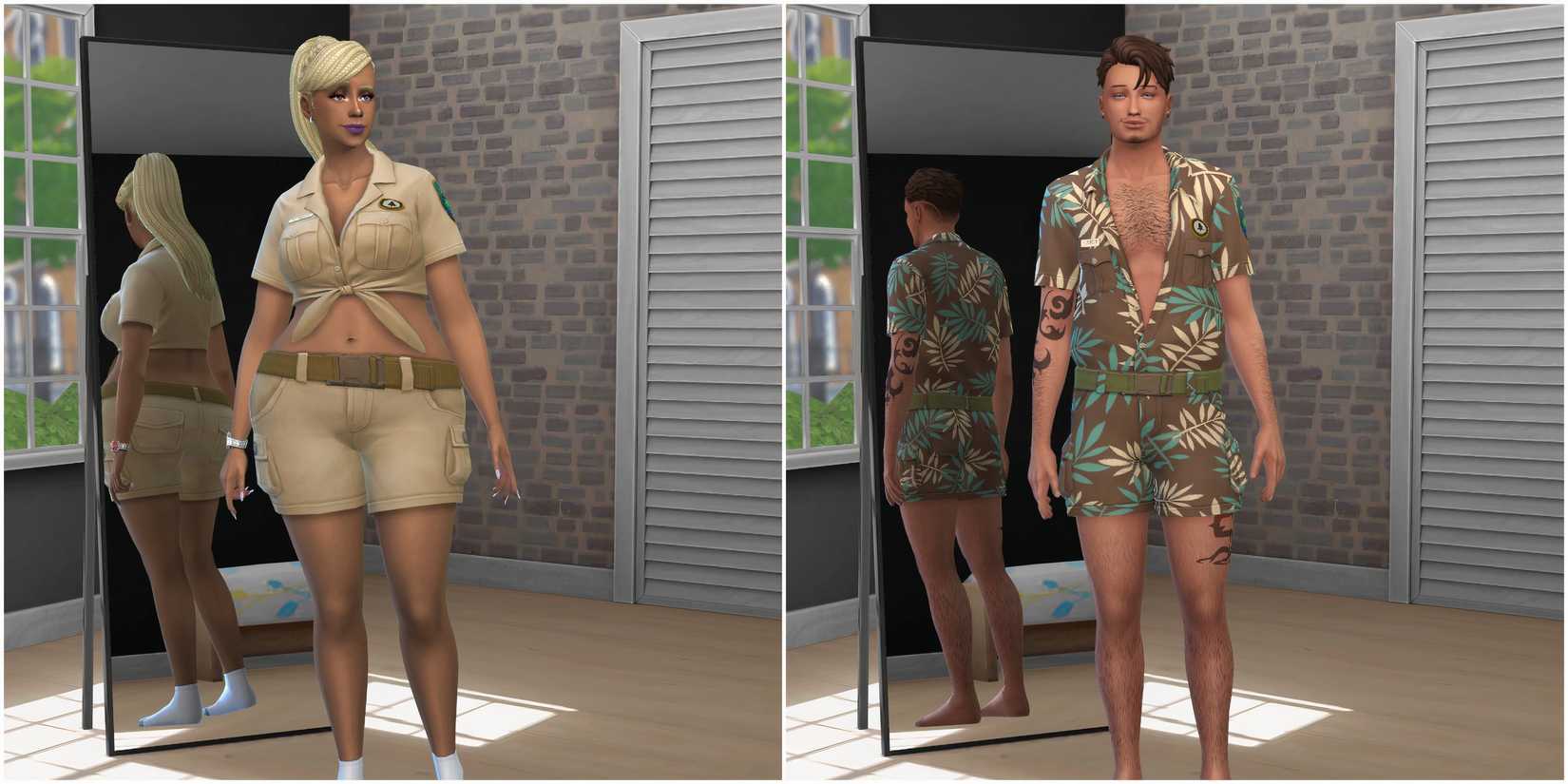 A masculine and feminine Sim in the Explorer Costume from the Lovestruck expansion