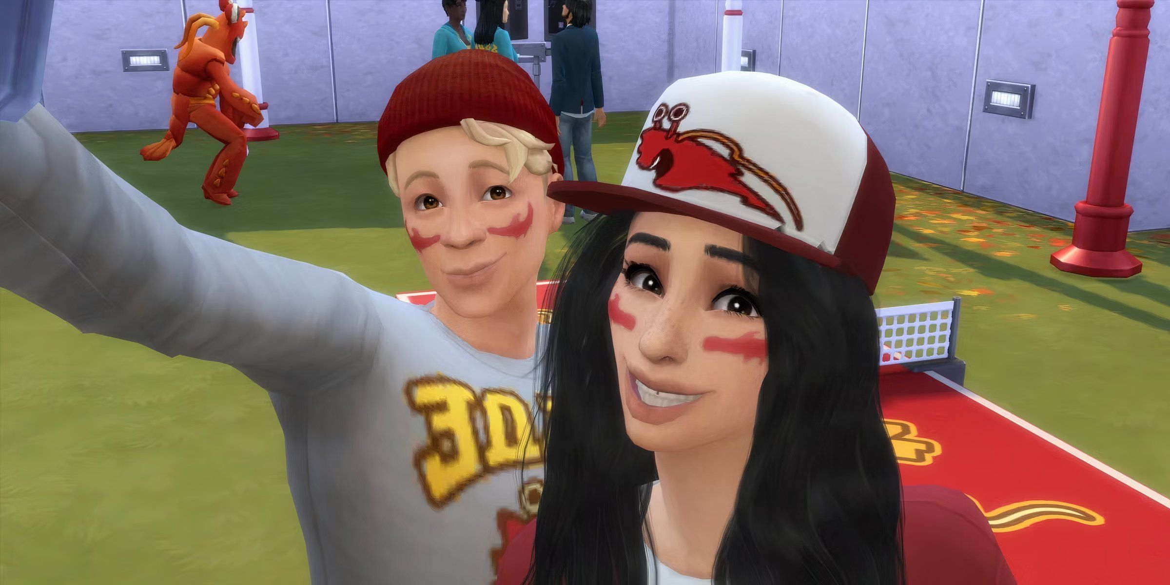 Two Sims at a school rally, lovers from a High School Sweethearts storyline