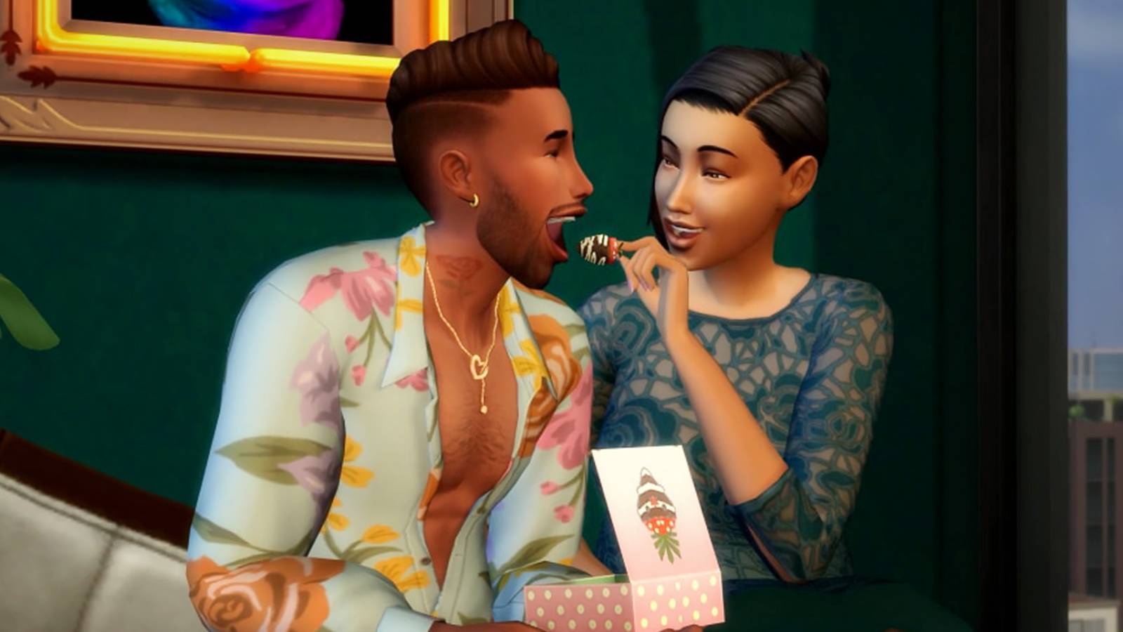 The Sims 4 Lovestruck Expansion roamntic partners eating chocolate strawberries