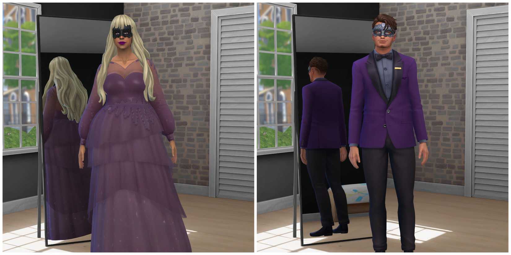 A feminine and a masculine Sim wearing the flirty Mask Costume