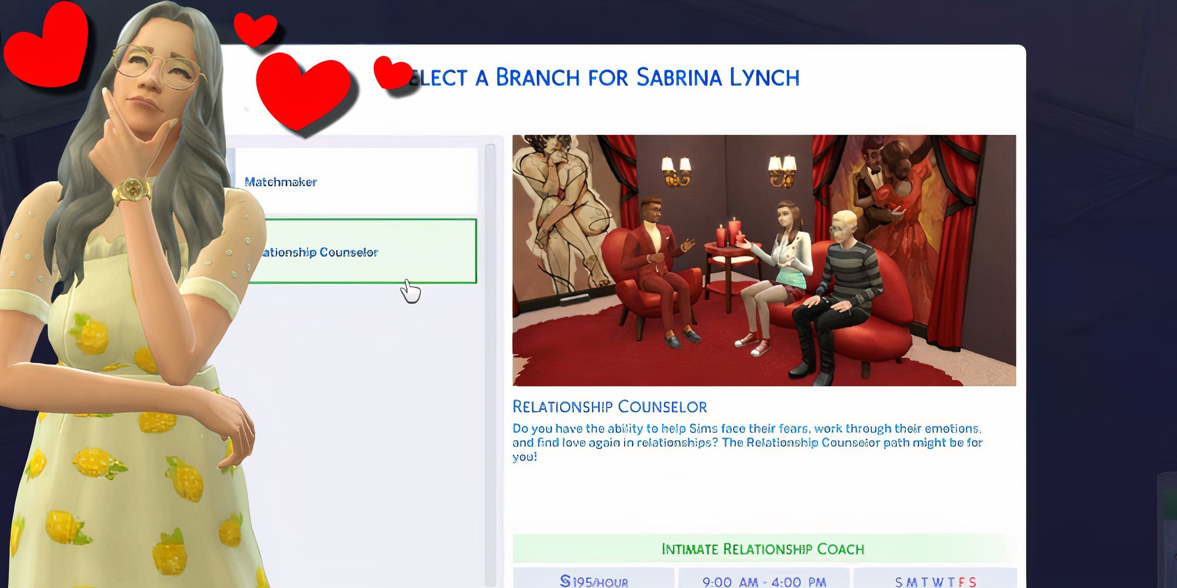 A curious Sim considers their options in the matchmaker/consultant career