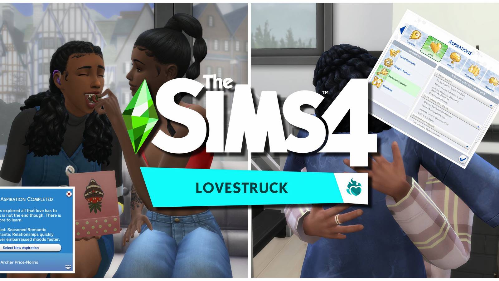 Couples doing romantic interactions and working to complete the Romantic Explorer Aspiration