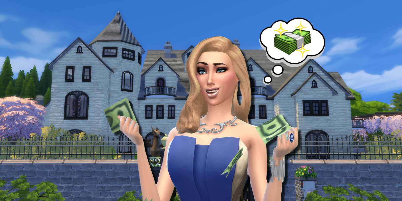 A materialistic Sim posing with money to represent the custom Simillionaire aspiration