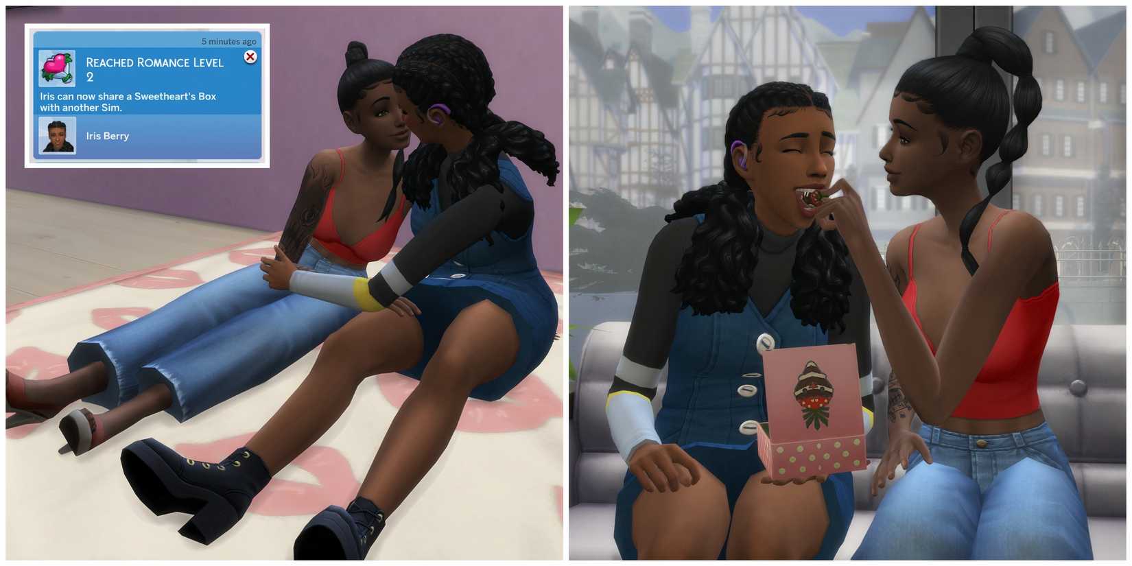 Two Sims on a Romantic Blanket and sharing a Sweetheart Box of food