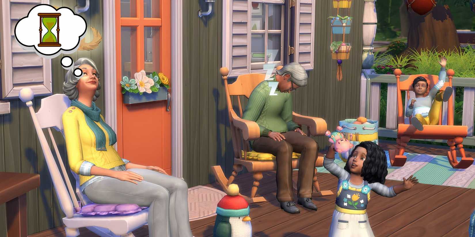 An elder Sim thinking about completing the Twilight Years aspiration