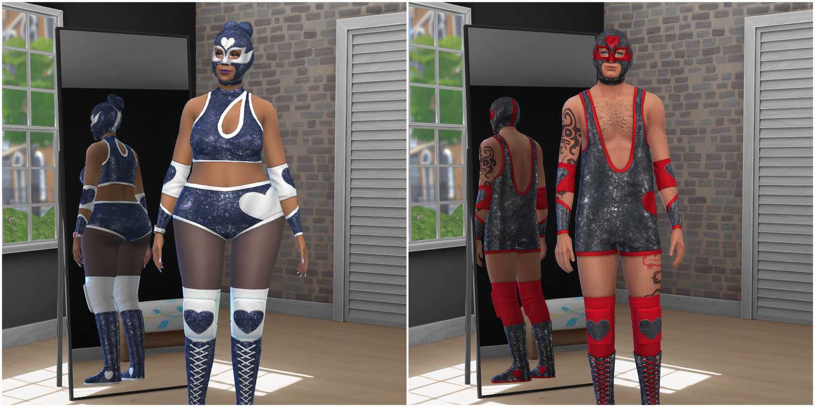 A masculine and feminine Sim in the Wrestler Costume from the Lovestruck expansion