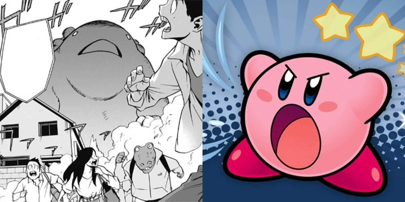 The villain Garvey attacks a bunch of civilians, and official art of Kirby using his absorption ability.