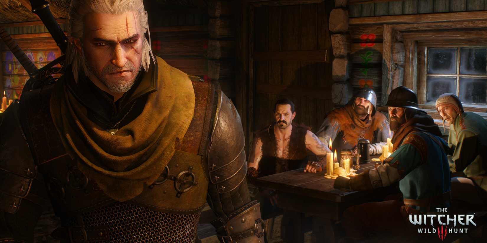 Geralt in a tavern in The Witcher 3