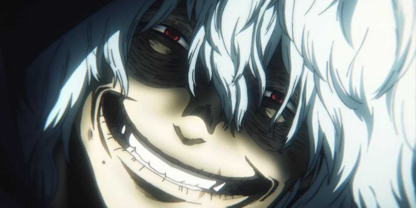 Tomura Shigaraki smiles at Deku while threatening him in My Hero Academia