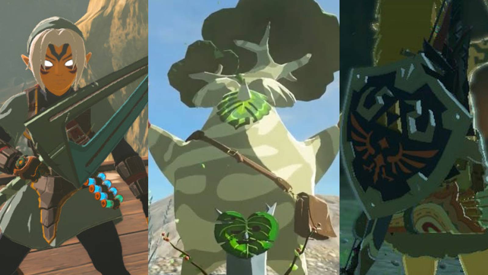 Link wearing full Fierce Deity armor; Hestu mid-dance; Link with the Hylian Shield equipped