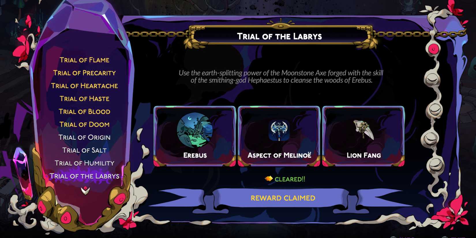 image of the Trial of the Labrys description screen