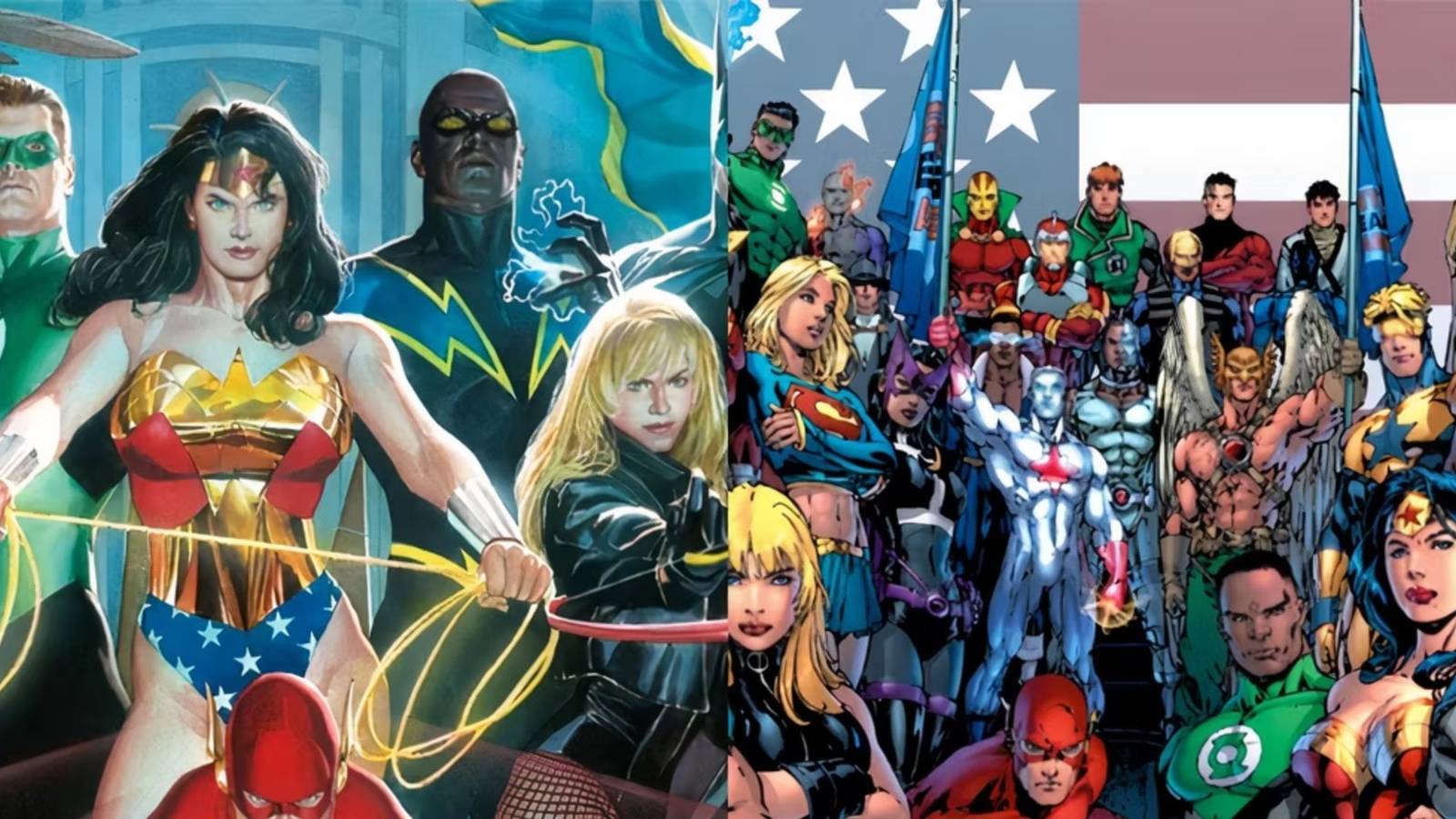 Two combined images showing various members of the Justice League including Wonder Woman, Green Lantern, The Flash, Batman, Superman, Cyborg, Booster Gold and many more