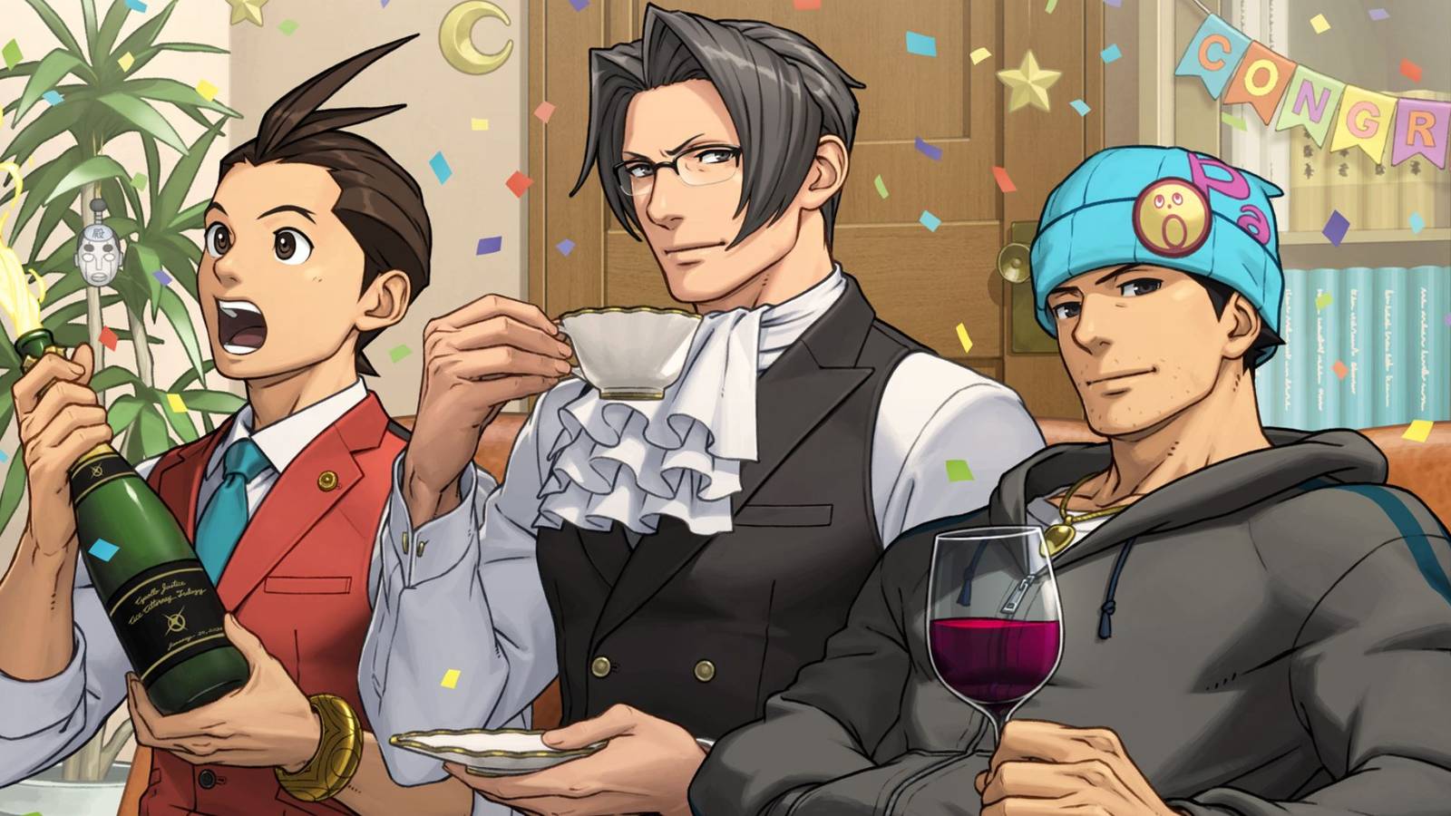 Apollo Justice, Miles Edgeworth, and Phoenix Wright depicted in official art by Capcom following a popularity poll conducted to celebrate the release of the Apollo Justice: Ace Attorney Trilogy.