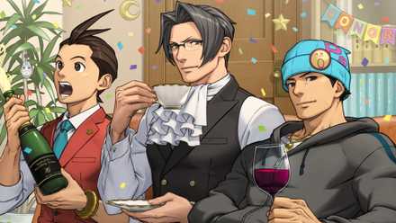 Apollo Justice, Miles Edgeworth, and Phoenix Wright depicted in official art by Capcom following a popularity poll conducted to celebrate the release of the Apollo Justice: Ace Attorney Trilogy.