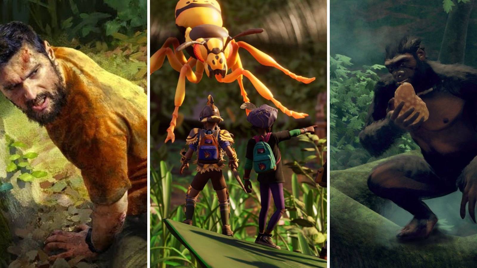 A grid showing the survival games Green Hell, Grounded, and Ancestors: The Humankind Odyssey