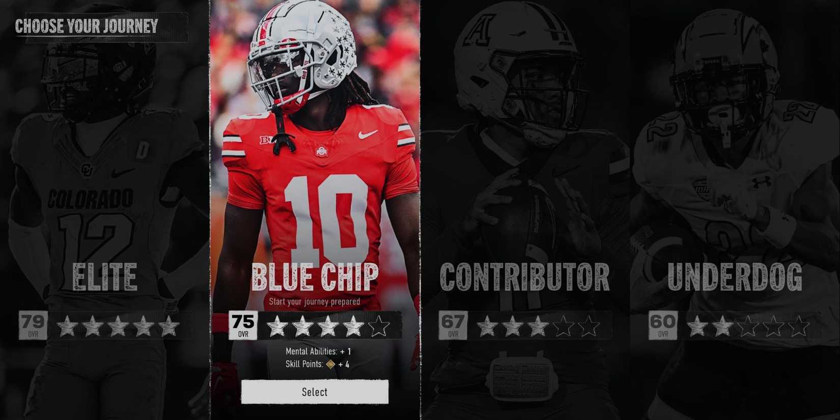 The journey options from College Football 25's Road to Glory mode