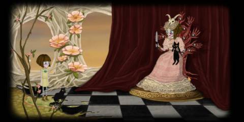 A woman holding a cat and a knife in Fran Bow