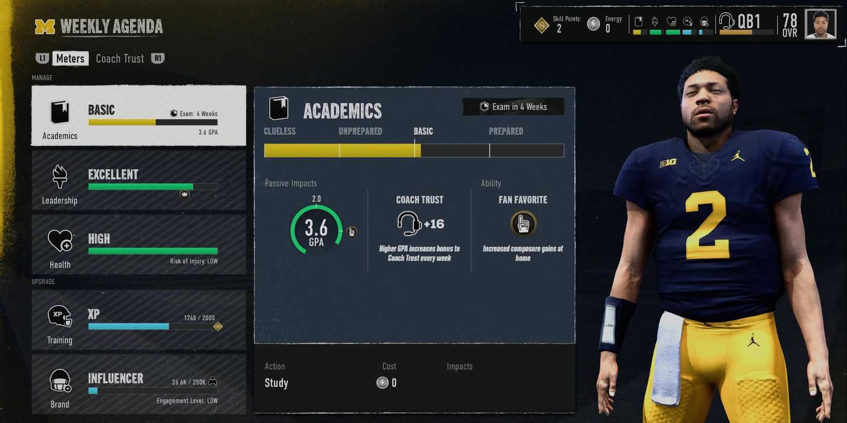 The Weekly Agenda hub page from College Football 25's Road To Glory mode