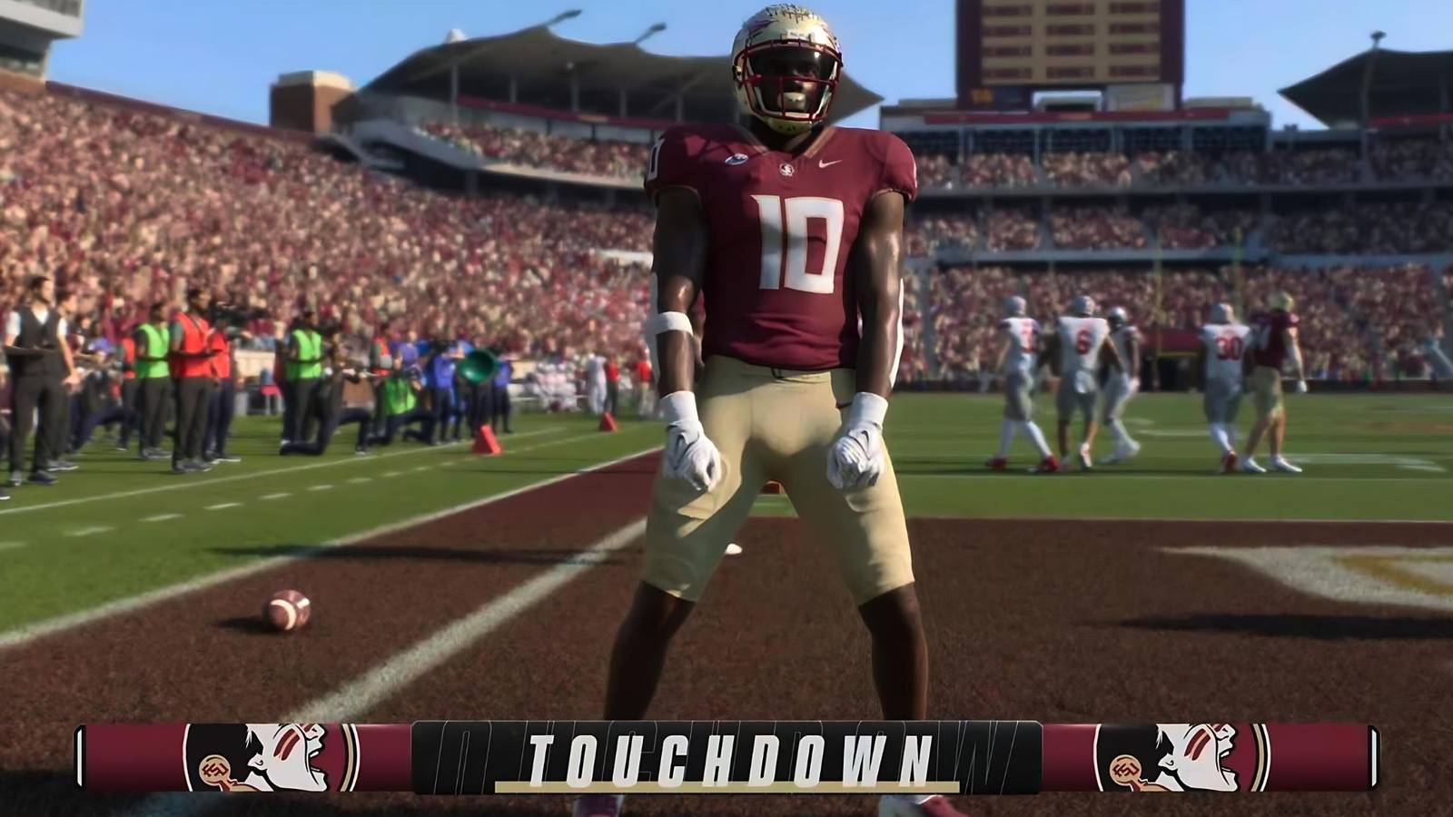 A Florida State player celebrating a touchdown in College Football 25