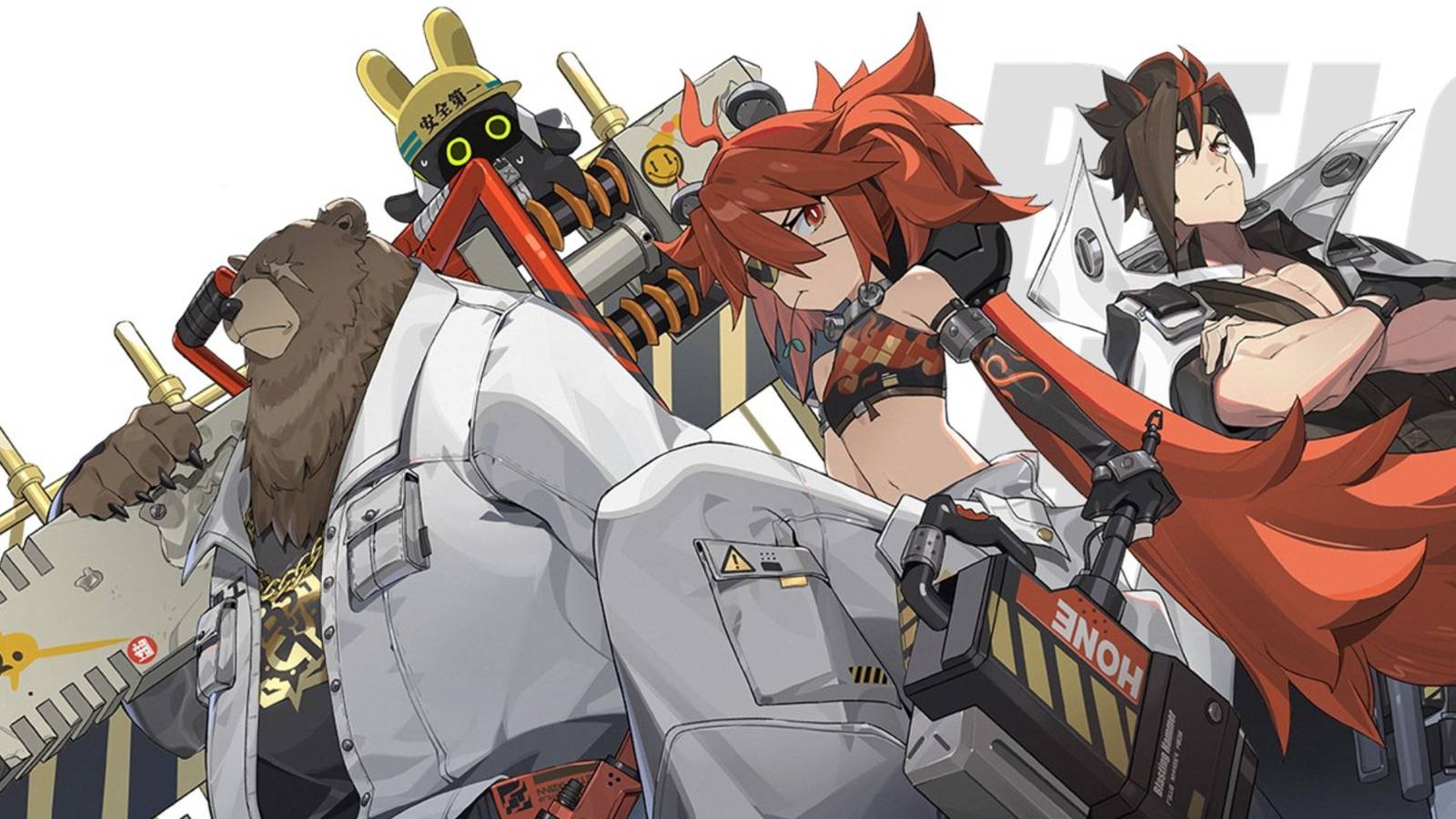 Zenless Zone Zero official art depicting three members of Belobog Heavy Industries. Depicted left to right: Ben Bigger, Koleda Belobog, Anton Ivanov.