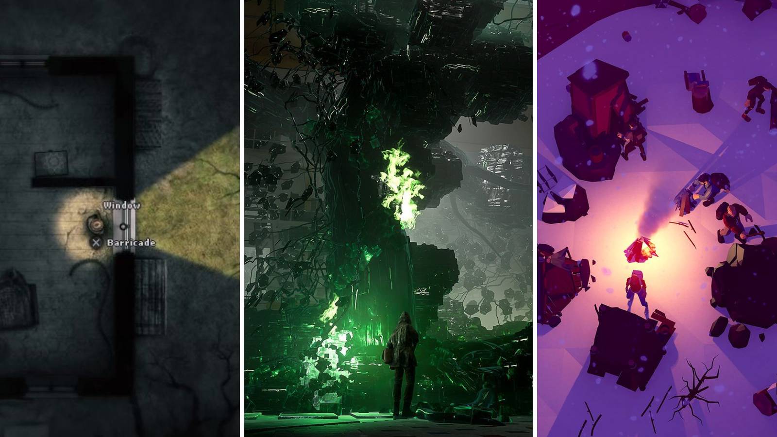 A grid showing the survival games Darkwood, Chernobylite, and The Wild Eight