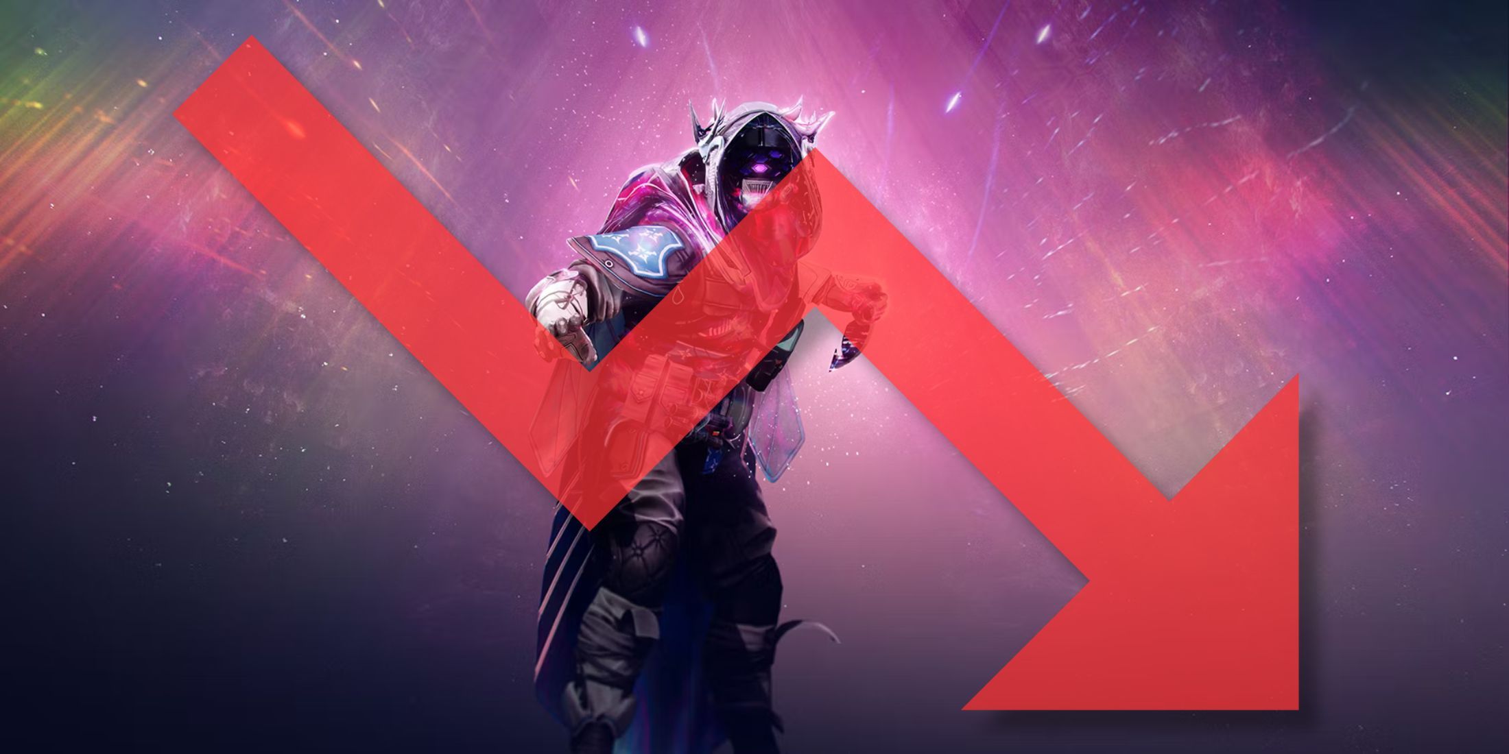 The Prismatic Hunter from Destiny 2 with a graph arrow pointing downward.