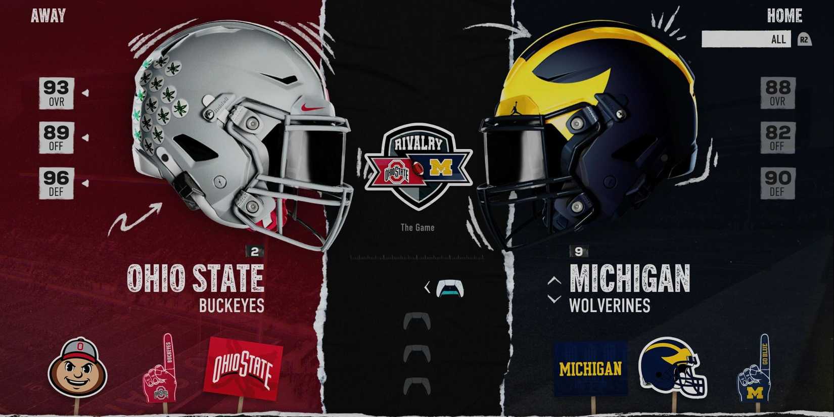 A pre-match screen from College Football 25 showing the Ohio v Michigan rivalry
