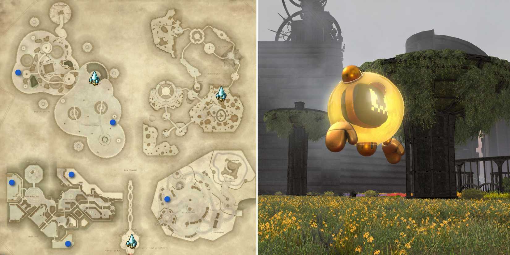 a map of living memory with the forecaster's spawns marked alongside a screenshot of the mob