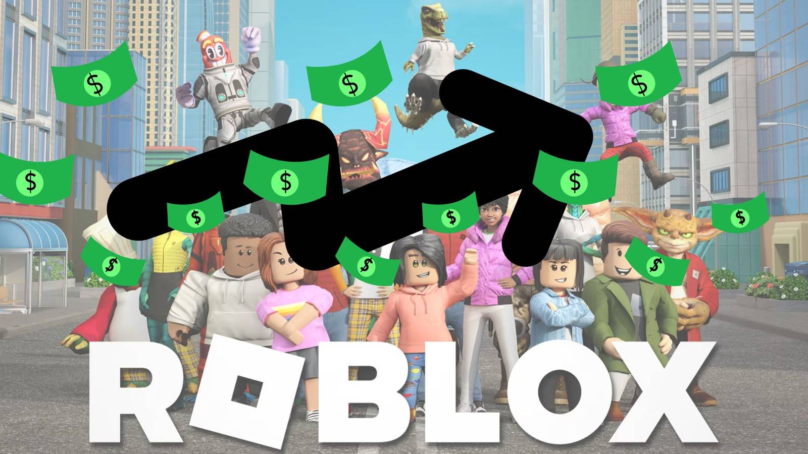 Promotional art for Roblox with money and an up arrow in front of it.