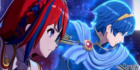 Alear and Marth, two Fire Emblem protagonists depicted in a Fire Emblem Engage cutscene