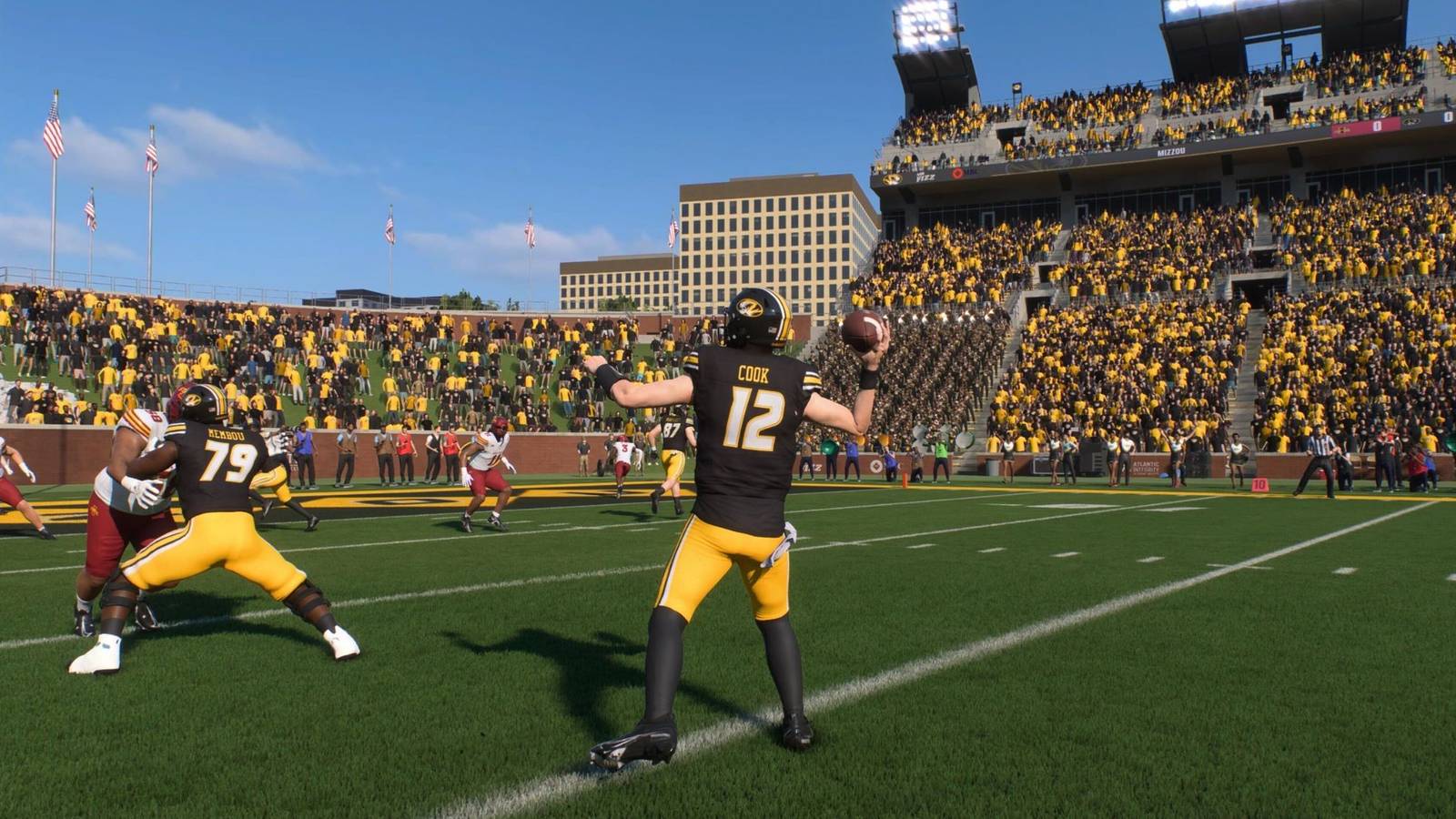 A Quarterback in College Football 25 about to make a pass